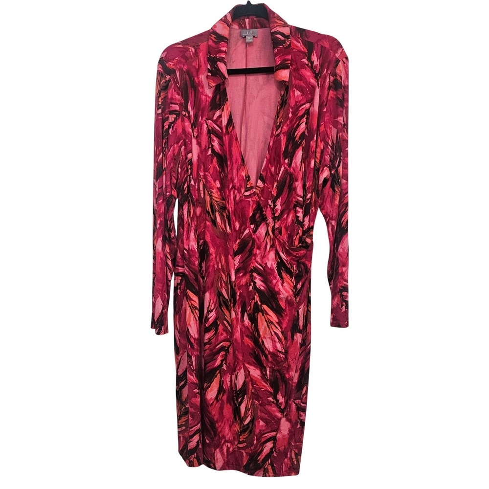 J Jill Wearever Pink Abstract Feather Faux Wrap Dress‎ XL Long Sleeve Stretch